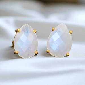 925 <b>Silver</b> Gold Plated Teardrop Faceted Rainbow Moonstone Birthstone Prong <b>Set</b> <b>Studs</b> <b>Earrings</b> Jewelry - Product Image 1