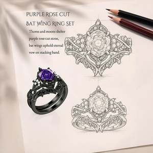 Jeulia Until Death Purple Rose Cut Hexagon Bat Wing Fashion <b>Ring</b> <b>Set</b> - Product Image 5