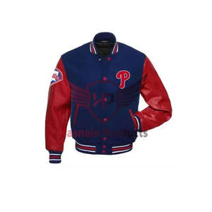 Veste Letterman à la mode pour homme avec col montant bleu rouge en laine côtelée en cuir de vachette avec fermeture à boutons - Product Image 5