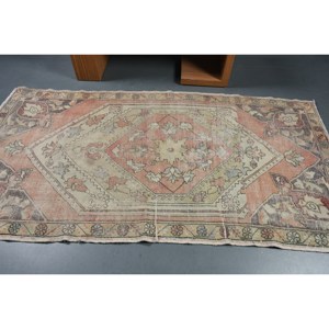 Alfombra de lana Vintage naranja y Beige de 4,2x7,9 pies, patrón de retazos de tejido plano turco, alfombra para sala de estar con respaldo de látex - Product Image 3