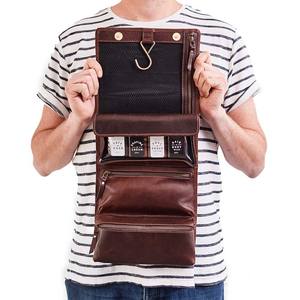 Organisateur de maquillage de voyage en cuir véritable écologique de style vintage, poignée souple, fermeture éclair, design portable pour - Product Image 1