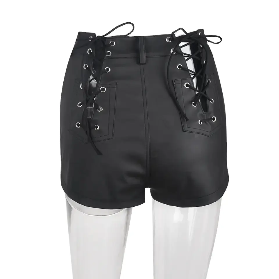 Hot Selling Black Pu Leather Hollow Out Lace-Up Sexy Shorts Women High Waist Summer Skinny Shorts