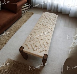 Elegante Banco Otomano de Mimbre con Parte Superior Tejida en Macramé, Consola con Incrustaciones de Hueso para Apartamento, Casa de Campo, Parque, Precio al por Mayor - Product Image 3