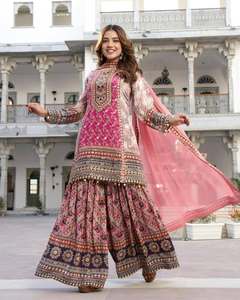 Tela de imitación Georgette Sharara Kurta elegante para mujer pakistaní india con espejo de impresión Digital para fiestas de boda - Product Image 1