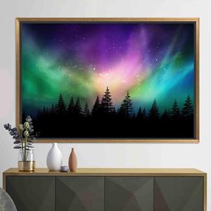 Aurora Borealis Canvas Print: Forest Silhouette, Starry Sky Wall Art,GOLD <b>FRAMED</b> CANVAS - Product Image 1