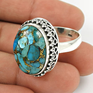 Bague ovale en argent sterling 925 avec pierre naturelle verte turquoise et cuivre pour femme, fournisseur de gros de bijoux faits main - Product Image 6