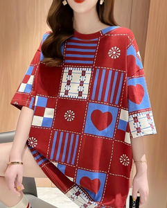Plus Size Women's <b>Patchwork</b> Anti-Wrinkle O-Neck Pullover Short Sleeve 100% Cotton Casual Summer Knit Tee - Product Image 1