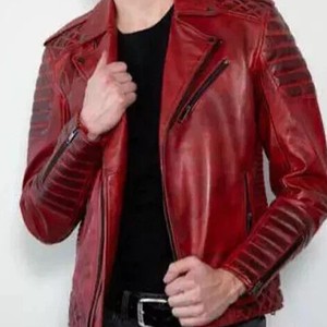 Veste en cuir de mouton ciré rouge motard matelassé vestes pour hommes plaine douce coupe-vent vestes personnalisées RRI-LJ-26 - Product Image 3