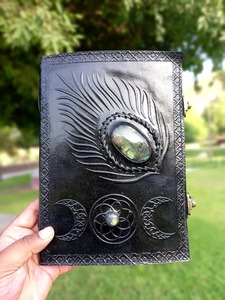 <b>BLACK</b> Labradorite Stone Leather Journal Peacock <b>Feather</b> Healing - Product Image 5