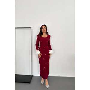 Vestido de Noche de Satén Borgoña al por Mayor con Bordado - Product Image 5