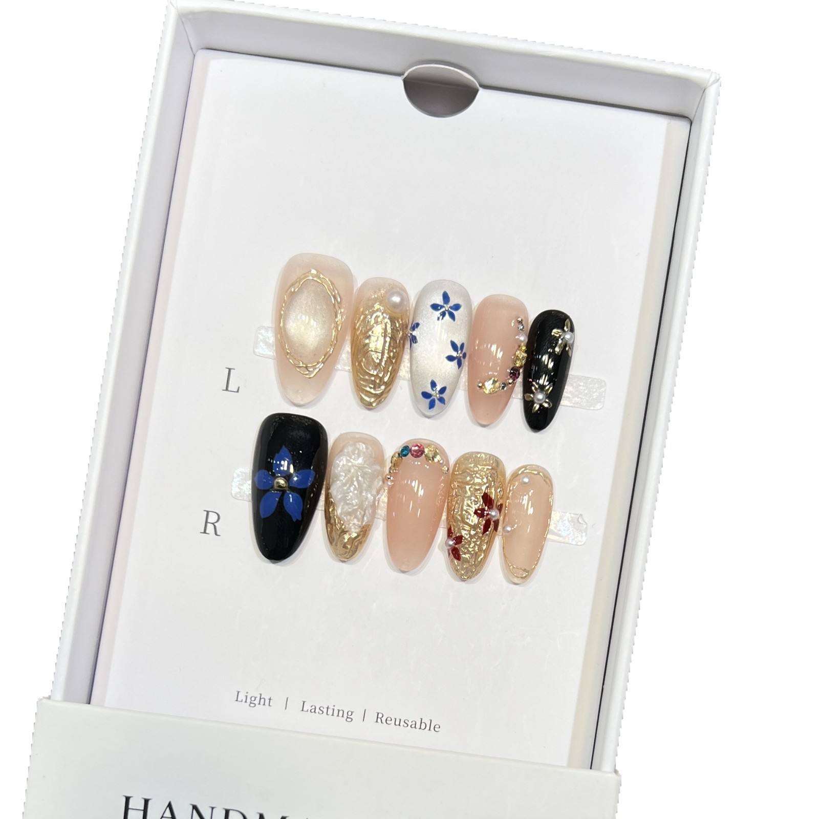 gold, blue, nude, black, white