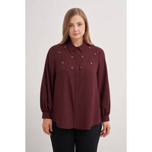 Chemise chic bordeaux ornée de dentelle avec col à volants pour femmes - Product Image 5