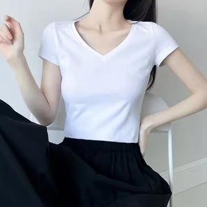 Suministro de fábrica Precio fascinante Mujeres Cuello redondo Color sólido Manga corta Punto Digital Anti-Pilling Camisetas al por mayor - Product Image 5