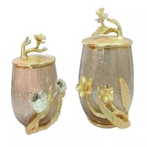 Boîte Unique de 2 boîtes de rangement rondes en Aluminium et verre pour la maison, ustensiles de cuisine, Design de fleurs en or, pots de fleurs - Product Image 5