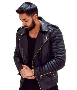 Veste en cuir pour hommes coupe ajustée à la mode en peau de mouton cuir noir matelassé vestes européennes et américaines tendance de la mode pour hommes - Product Image 6