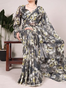 Saree léger en georgette en fausse fourrure avec motif floral, blouse respirante à bordure en dentelle perlée pour toutes les occasions - Product Image 2