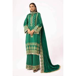 Traje Karandi de Satén Dorado de 3 Piezas Sin Coser con Chal de Pashmina Bordado y Estampado Laca AP-42046 - Product Image 5