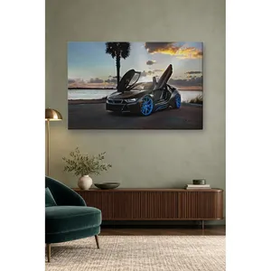 Impression sur toile Fida BMW i8 avec portes papillon ouvertes au coucher du soleil - Product Image 1