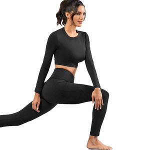 Conjunto de ropa deportiva atlética negra de manga larga para mujer, ropa de moda sin costuras, ropa de gimnasio, traje de entrenamiento de Yoga para mujer - Product Image 4