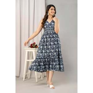 Dress-SHKUP1442แมกซี่ทรงเข้ารูปแขนกุดพิมพ์ลายดอกไม้สีกรมท่า - Product Image 3