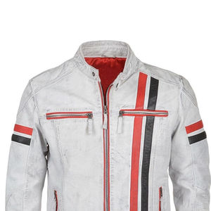 Haute qualité en cuir de vachette véritable hommes hiver haute rue veste manches avant moto motard Racer blanc effet ciré - Product Image 5