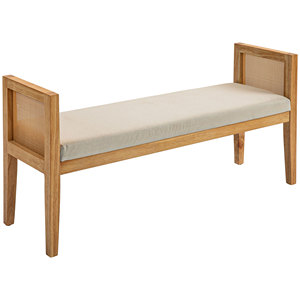 HOMCOM-Banc de Lit Boho avec Siège Rembourré et Accoudoirs en Bois et Rotin, 120x38x61.5cm, Crème - Product Image 1