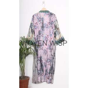 Anokhi เสื้อคลุมผ้าฝ้ายโบราณบล็อกดอกไม้พิมพ์นุ่มสบายสั้นกิโมโนเหมาะสําหรับสวมใส่หน้าแรกสวมใส่ชายหาด,ผู้หญิง - Product Image 2