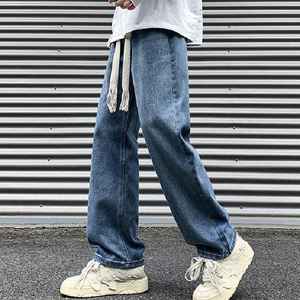 <b>Men's</b> <b>Elastic</b> Waist Spring Breathable Solid Button <b>Jeans</b> Straight Loose Pants with Comfortable Fit - Product Image 1