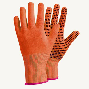 Gants de travail sans couture orange haute visibilité en polyester tricoté à la machine avec points en PVC noir Gants en coton tricotés à la machine Mitaines - Product Image 1