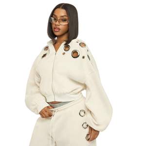 New Casual Vintage Zipped Women's Hoodies Customized Plus Size Fleece Washed Rhinestone Spring Winter Metal <b>Eyelet</b> Women Hoodie - Product Image 1