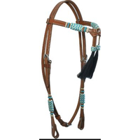 RSI HP510 Western Leather Headstall untuk Kuda Warna Cokelat Biru Turquoise Rumbai Detail Rambut Alami Kulit Rawhide Anyaman Tangan