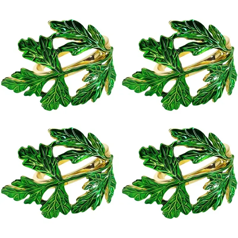 Orta yüzyıl modern doğal kaplama yeşil yaprak yuvarlak şekli peçete halkası parti ve düğün için düğün 4 set