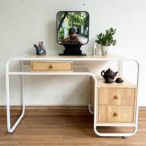 Natural Wood Makeup Vanity <b>Table</b> with Iron Frame & Lighted <b>Mirror</b> BTD68063 - Product Image 5