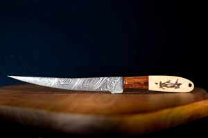 Couteau de pêche personnalisé fait main Jexmoo, lame en acier Damas, couteau à fileter avec étui en cuir, cadeau pour pêcheur - Product Image 3