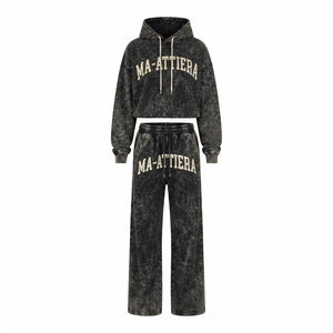 Custom Women Acid Wash Black Cropped Hoodie <b>Wide</b> <b>Leg</b> <b>Jogger</b> Set Cotton Fleece Streetwear Tracksuit OEM Wholesale - Product Image 3