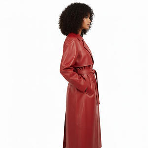 Manteau trench en cuir pour femmes, fournisseur d'usine OEM, vente en gros, sur mesure, long, vêtement d'extérieur tendance, double boutonnage, ceinture en coton - Product Image 3