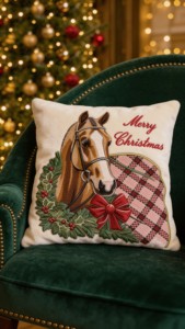 Housse de coussin de Noël de luxe en velours tissé motif cheval, 400 fils/cm², lavable, 50x50cm, broderie équestre Joyeux Noël - Product Image 4