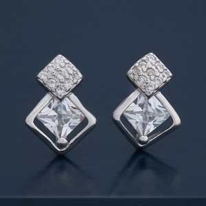 Princess Cut 92.5 <b>Silver</b> <b>Stud</b> Geometric Pattern Featuring Sapphire Zircon Pearl Trendy Design for Wedding Engagement Party - Product Image 1