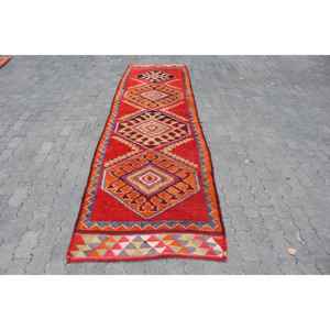 Vintage Turkish Rug, 3x12 ft Herki Rug, <b>Red</b> <b>Runner</b> Check Rug - Product Image 1