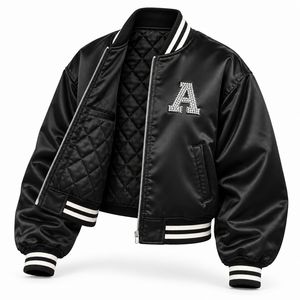 Custom Oversized Satin Varsity Bomber <b>Jacket</b> Men <b>Rhinestone</b> Embroidery Streetwear Autumn Winter Breathable Windproof Polyester - Product Image 3