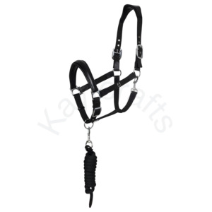 Anatomic nylon and leather horse <b>halter</b> with soft padded headpiece adjustable fit and matching lead <b>rope</b>. - Product Image 2