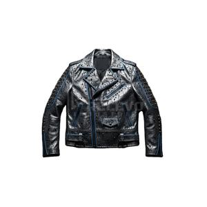 เสื้อแจ็คเก็ตนักขี่มอเตอร์ไซค์หนังสีเทาเมทัลลิกทรงดุดัน ดีไซน์สวยโดดเด่น คอตั้ง แต่งลายพังก์ล้ำยุค ทนทาน พร้อมดีเทลตกแต่งแบบดิสเทรสซิ่ง - Product Image 3