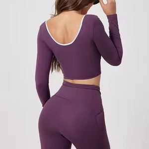 Round neck Top Sportswear Yoga Outfit for Women Sport Gym Top Running Long Sleeve Fitness Crop Top <b>Tshirt</b> for Women - Product Image 6