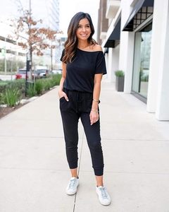 Combinaison tricotée pour femme, épaules dénudées, couleur unie, taille haute, coupe ample, décontractée, printemps-été, longueur cheville, manches courtes - Product Image 3