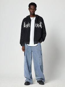 <b>Black</b> Rhinestone <b>Zip</b> <b>Hoodies</b> Oversized Streetwear Studded Sleeves Drop Shoulder Hip Hop Fleece Full <b>Zip</b> Custom Logo Jacket - Product Image 5