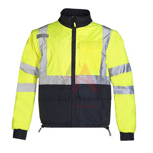 Veste de sécurité haute visibilité hiver jaune et noire, sportive, en toile respirante, coupe-vent, avec bandes réfléchissantes, fermeture éclair intégrale, col rond - Product Image 1