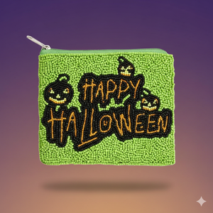 Mini pochette porte-monnaie fantôme d'Halloween faite main, vintage, légère, avec fermeture éclair, base beige, ornée de perles noires, oranges et blanches, vente en gros - Product Image 5