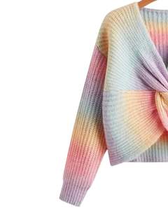 Manufacturer Custom <b>Women</b> Multicolor Pastel Tie Dye Ribbed Knit Twist Front Sweater Long Sleeve V Neck <b>Cropped</b> Fashion Winter - Product Image 3