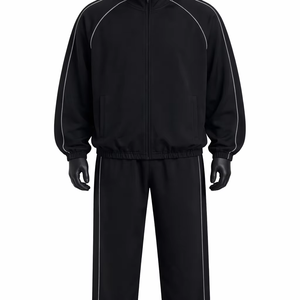 Ensemble de survêtement unisexe noir à capuche, manches longues, fermeture éclair, sportif, décontracté, couleur unie, respirant, 100 % coton, pour l'hiver, coupe ample - Product Image 2