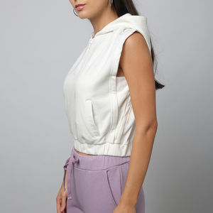 Vente en gros de sweat à capuche court blanc sans manches pour femmes vêtements de sport avec ceinture élastique sweats à capuche sans manches - Product Image 4